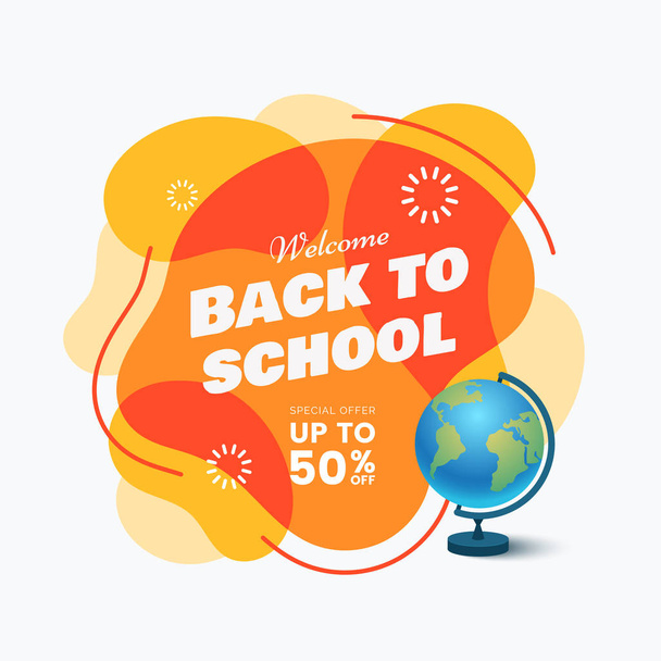 Back to school sale colorful abstract banner with text and school globe. Promo badge design in flat style. Orange bubble shape. Vector illustration. - Vektör, Görsel