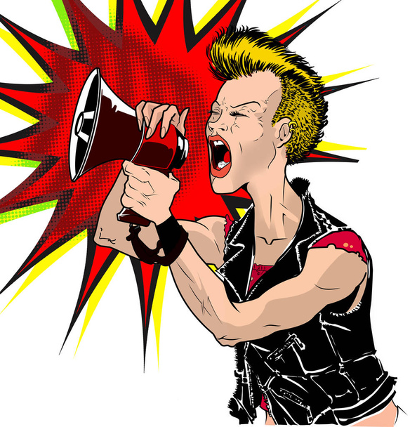 Жінка протестує з мегафоном у поп-арту. Панк дівчина кричить вголос повідомлення
. - Фото, зображення