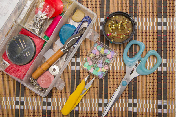 Tailor tools isolated on textile background - Photo, Image