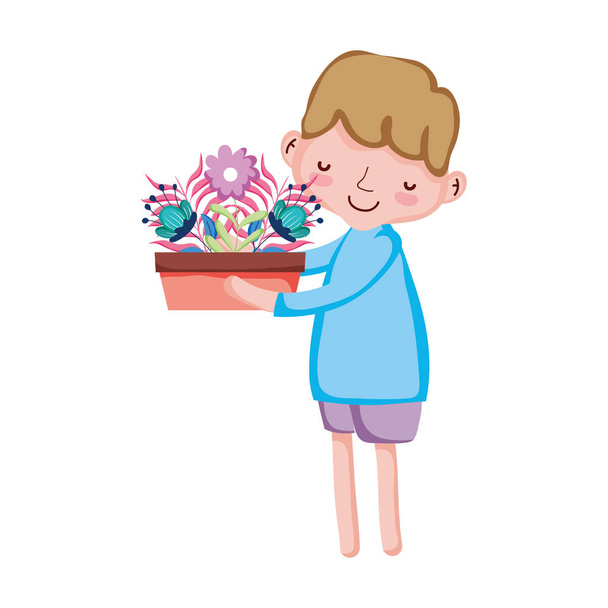 маленький хлопчик піднімає кімнатну рослину
 - Вектор, зображення