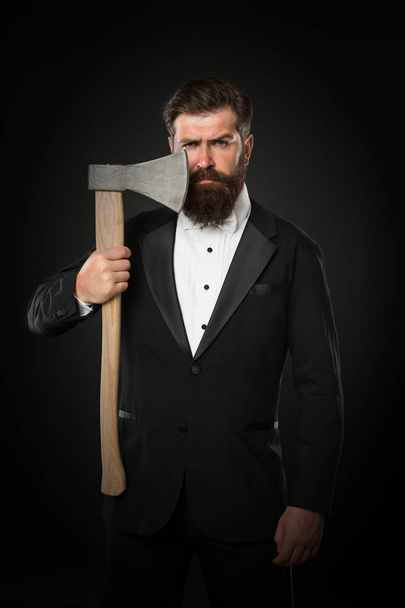 Shaving dangerous axe. Sharp blade. Grow mustache. Growing and maintaining moustache. Man with mustache. Beard and mustache grooming. Hipster handsome bearded wear tuxedo. Barber shop concept - Photo, Image
