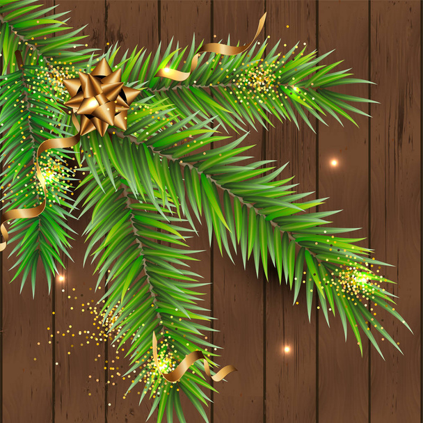 Vector illustration with Christmas tree branch on dark wood textured background. Place for text. Great for greetings, party invitation, New year, Christmas cards, banner, header, poster, web. - Vektor, obrázek