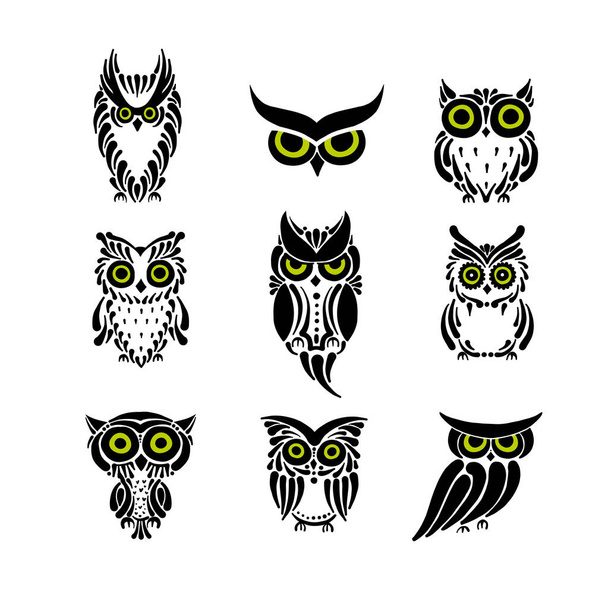 Cute owls collection, black silhouette for your design - ベクター画像