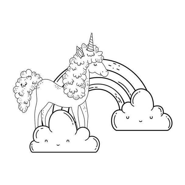 piękny mały jednorożec w chmurach i tęczy - Wektor, obraz