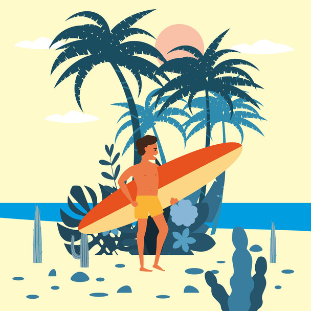 Hombres surfista personaje con tabla de surf en pantalones cortos sobre fondo de plantas exóticas de palma de mar, océano, playa. Tendencia moderna de dibujos animados planos, vector, aislado, cartel
 - Vector, imagen