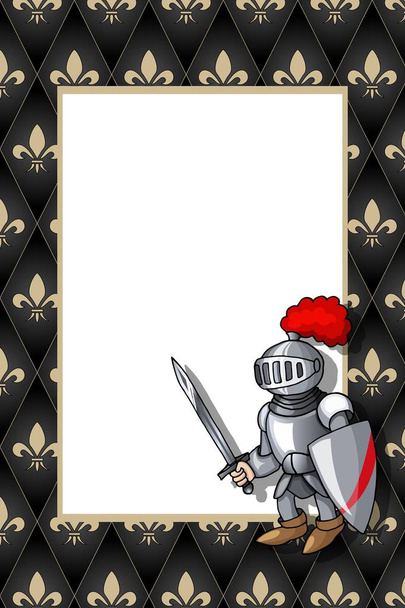 Frame with the knight with sword and shield on the medieval background - Vector, Image