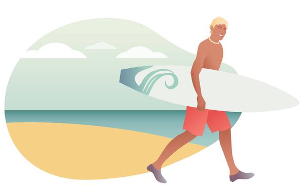 Surftijd. Jonge man in badpak het dragen van een surfplank op het strand - Vector, afbeelding