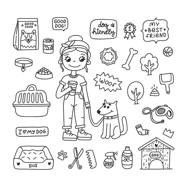 Cute girl with a dog for a walk. Icons of objects, accessories for dogs. Vector set on white background - Vector, Image