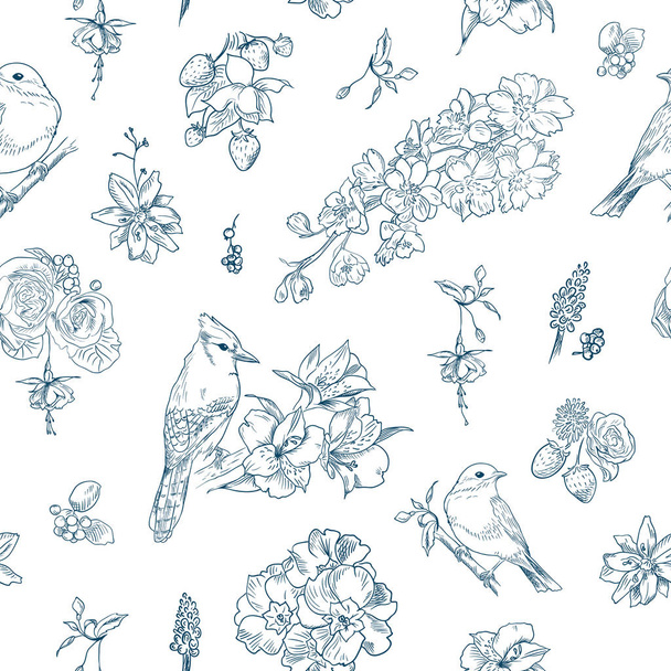 Pattern with floral ornament, toile de jouy. Seamless background. Hand drawn illustration in vintage style - Vector, Image