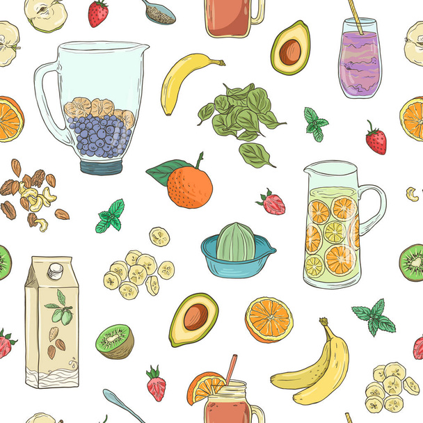 Smoothie natuurlijke fruit Shake. Superfood gezondheid detox dieet. Schets stijl vector achtergrond. Hand getekende zomer fruit drink - Vector, afbeelding