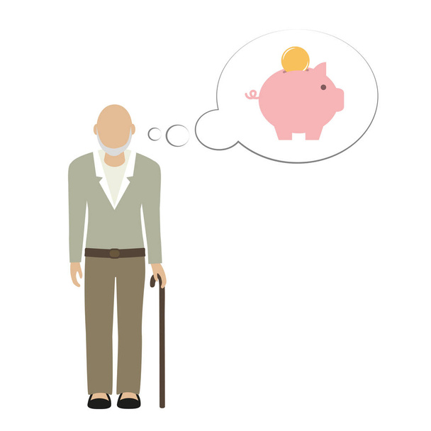 貯金箱でお金を節約について考えている老人おじいちゃんのキャラクター - ベクター画像