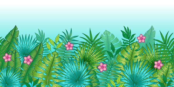 バナナやヤシの木の葉のジャングル植物と熱帯の背景。ベクトル水平ビネット。招待状、ポスター、背景のための夏のエキゾチックなデザイン - ベクター画像