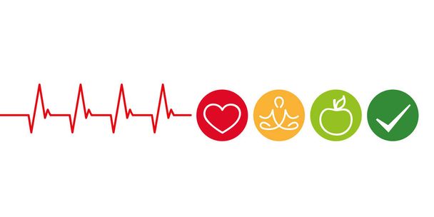 υγιής τρόπος ζωής καρδιολογία με καρδιά γιόγκα και πράσινο μήλο - Διάνυσμα, εικόνα