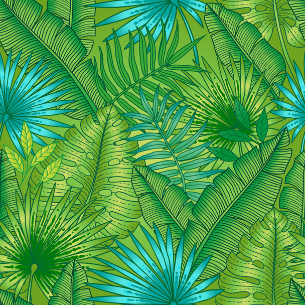 Seamless summer pattern. Tropical plants, interweaving different in the form of banana and palm leaves, different shades of green - Vector, imagen