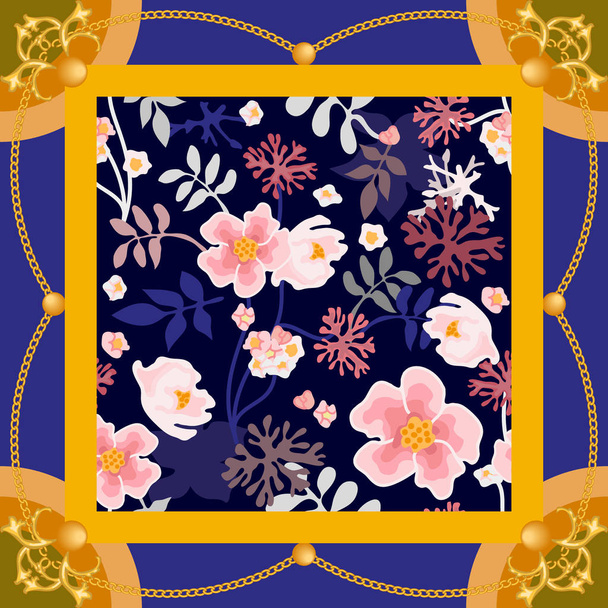 Beautiful silk scarf with golden chains and plants. - Vector, Imagen