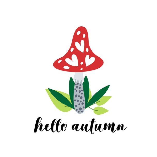 Jesienny nadruk wektorowy z ręcznie rysowanych grzybów i liści z tekstem Hello Autumn - Wektor, obraz