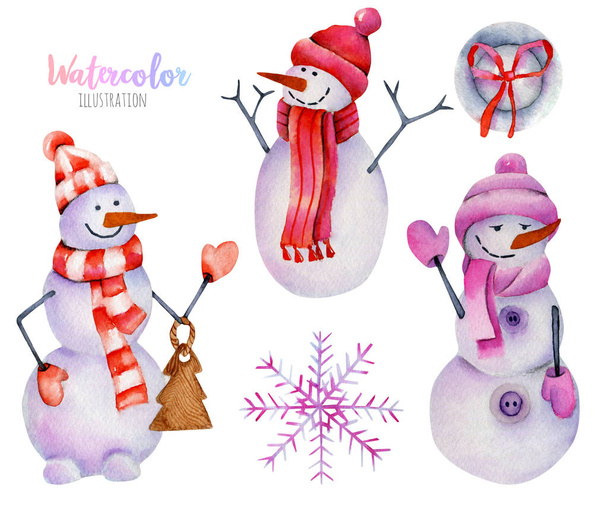Коллекция акварели рождественских снеговиков, нарисованная вручную на белом фоне
 - Фото, изображение