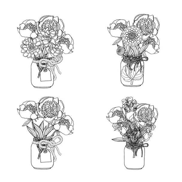 Букети в стилі каракулі ручної роботи різних квітів: соковиті
 - Вектор, зображення
