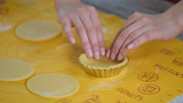 Pastry chef making tartlets, putting the dough in baking dishes - 映像、動画