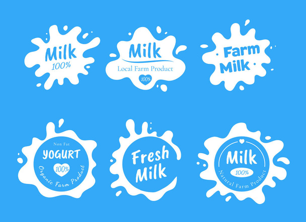 Conjunto de vários logotipo isolado do leite branco, respingo e mancha com gotas. Manchas de produtos lácteos naturais frescos
 - Vetor, Imagem