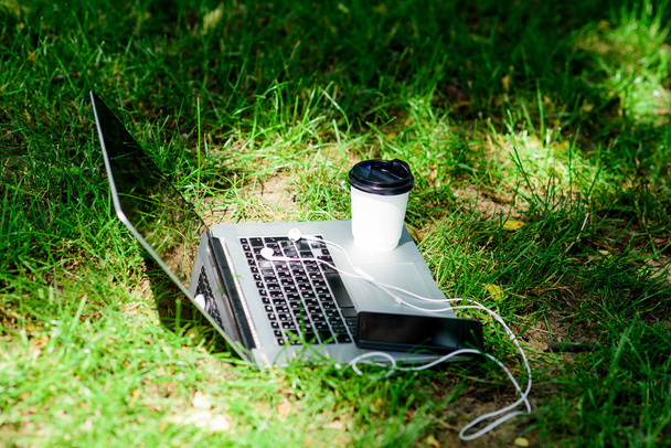 Laptop modern smartphone with earphones and coffee cup on green grass. Summer park. Work and relax in natural environment. Green office. Its coffee time. Coffee take away. Coffee break outdoors - Φωτογραφία, εικόνα