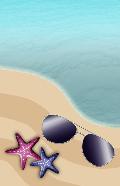 Cena de praia com estrelas do mar e óculos de sol
 - Foto, Imagem