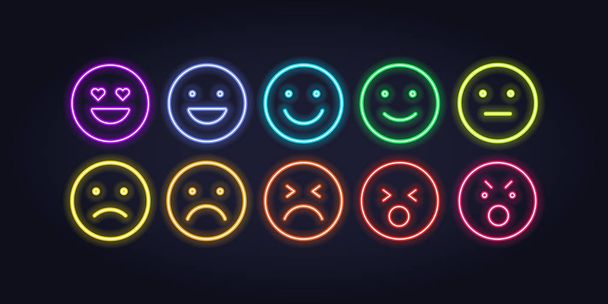 Icona al neon vettoriale impostata per il tracciatore dell'umore. Dieci scala di lampada a colori incandescente emozione sorride da deluso a felice isolato sul nero. Elemento emotivo della progettazione dell'interfaccia utente per la valutazione del cliente, feedback, sondaggio
 - Vettoriali, immagini