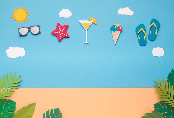 Creative wallpaper with party beach accessories in the sky - Photo, Image