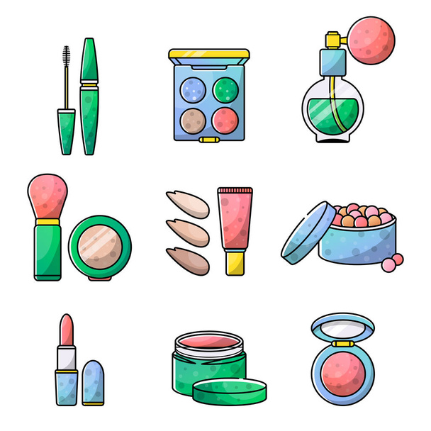 Accessories set for a beautiful make-up. Mascara, lipstick, eye shadow. Vector isolated objects icons in linear style on white background. - Vector, Image