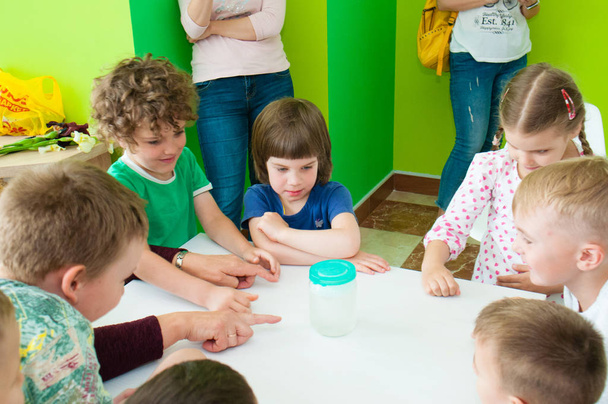 Ucraina, Chernigov, Svitoglyad coworking center, 25 maggio 2019: Una master class per bambini in età prescolare, la scienza è interessante. I bambini con un insegnante trascorrono esperimenti
 - Foto, immagini