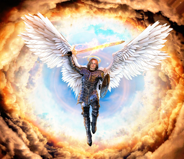 燃える剣と盾を持つ鎧を着た大天使マイケル  - 写真・画像