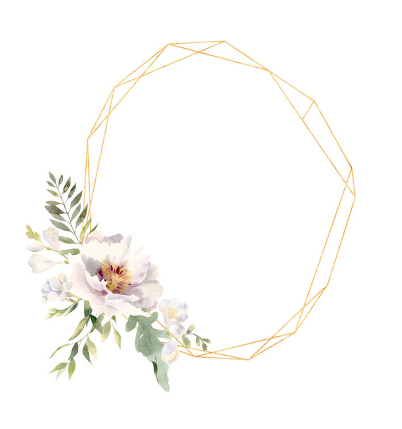 Watercolor flowers decorating golden diamond shaped frame - Foto, Imagen