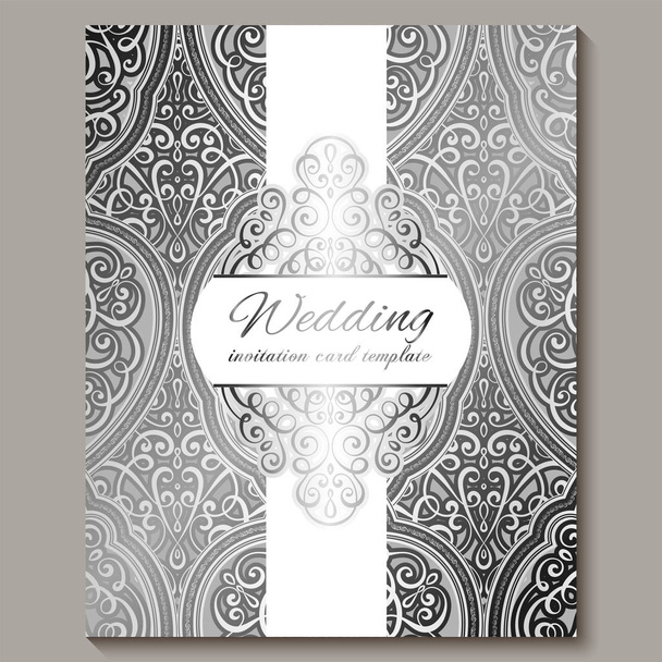Gümüş parlak doğu ve barok zengin yaprakları ile Düğün davetiye kartı. Tasarımınız için Karmaşık Süslü İslami arka plan. İslam, Arapça, Hint, Dubai. - Vektör, Görsel