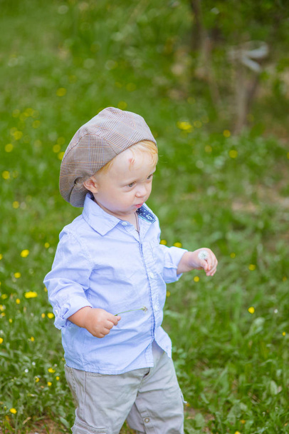 Little boy with blond hair in a cap and blue shirt in summer in a field with flowers - Fotografie, Obrázek