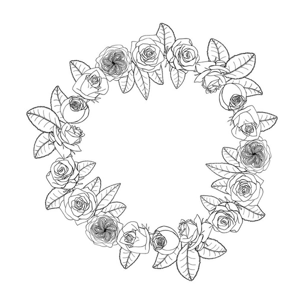 Hand drawn doodle style rose flowers wreath. floral design eleme - Vector, afbeelding