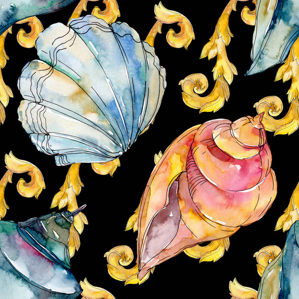 Summer beach seashell tropical underwater elements. Watercolor background illustration set. Watercolour drawing fashion aquarelle isolated. Seamless background pattern. Fabric wallpaper print texture. - Photo, Image