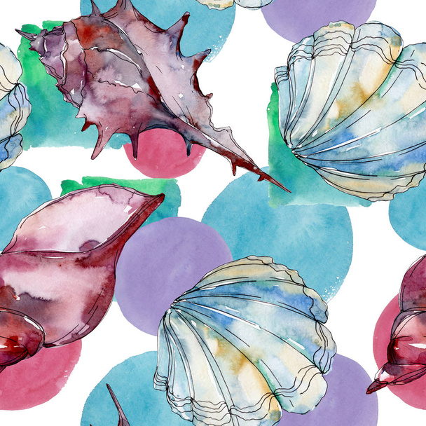 Summer beach seashell tropical underwater elements. Watercolor background illustration set. Watercolour drawing fashion aquarelle isolated. Seamless background pattern. Fabric wallpaper print texture. - Φωτογραφία, εικόνα