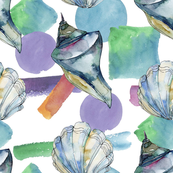 Summer beach seashell tropical underwater elements. Watercolor background illustration set. Watercolour drawing fashion aquarelle isolated. Seamless background pattern. Fabric wallpaper print texture. - Foto, imagen