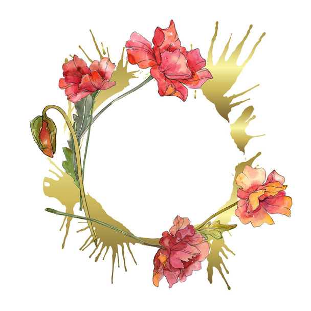 Rode papaver bloemen botanische bloemen. Aquarel achtergrond illustratie instellen. Frame rand ornament vierkant. - Foto, afbeelding