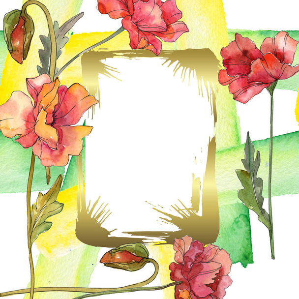 Flores botánicas florales de amapola roja. Conjunto de ilustración de fondo acuarela. Marco borde ornamento cuadrado
. - Foto, Imagen