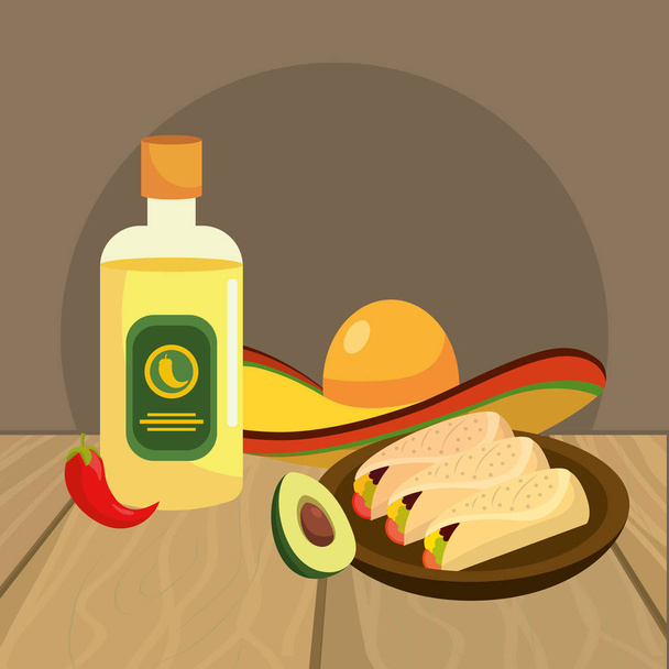 вкусная мексиканская кулинарная карикатура на столе ресторана
 - Вектор,изображение