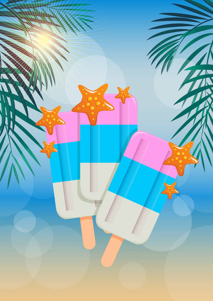 popsicles decorated with starfish on the background of the beach - Vector, Image