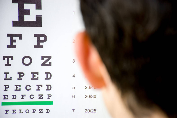 Sprawdź ostrość wzroku lub okulisty lub optometrist Zdjęcia koncepcji wizyty. Tabela do testowania ostrości wzroku w tle i niewyraźne rozmyte sylwetki ludzkiej głowy na pierwszym planie - Zdjęcie, obraz