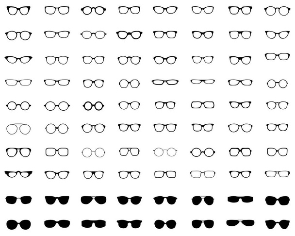 Черные силуэты различных очков на белом фоне - Вектор,изображение