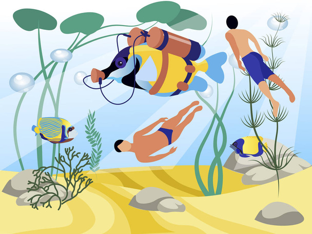 Fish in scuba suit swims with people vector flat - Vector, Image