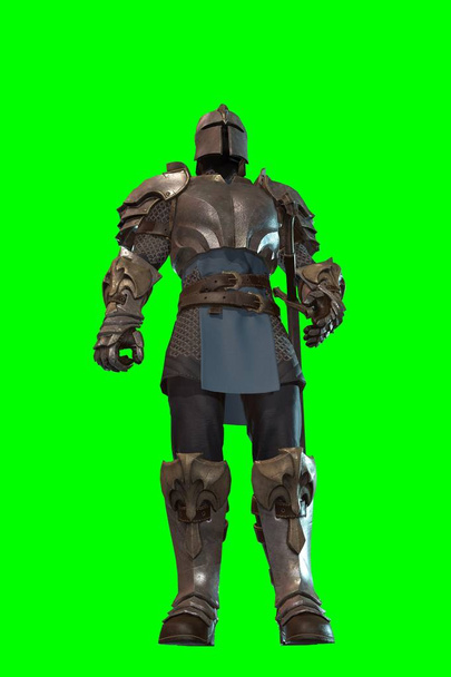 Fantasy charakter rycerz z mieczem w epickiej pozie-3D Render na zielonym tle - Zdjęcie, obraz