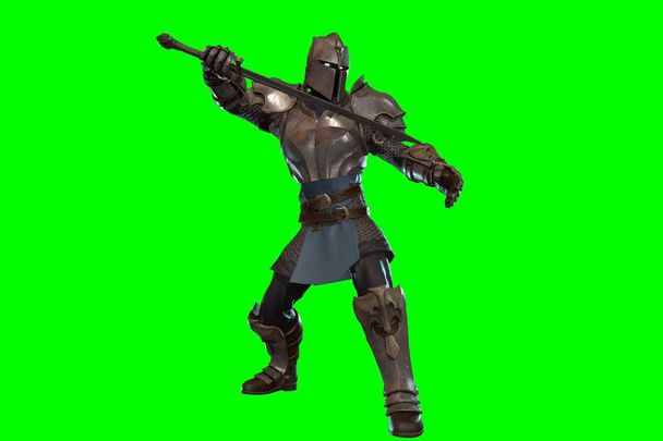 Fantastická postava rytíř s mečem v epické póze-3D vykreslení na zeleném pozadí - Fotografie, Obrázek