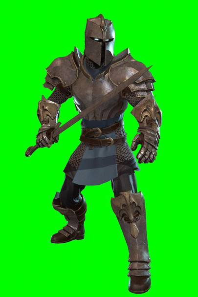 壮大なポーズで剣を持つファンタジーキャラクター騎士 - 緑の背景に3Dレンダリング - 写真・画像