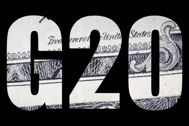 Inscripción G20 con textura de billete de dólar en el interior sobre fondo negro
 - Foto, imagen
