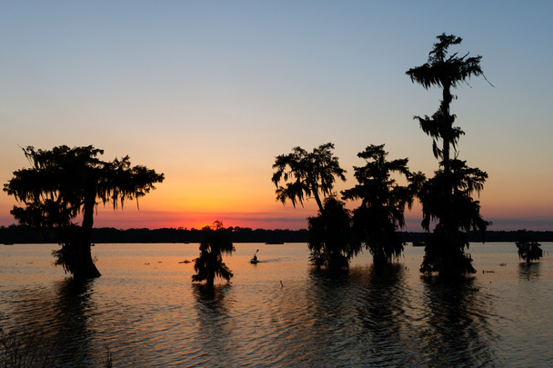 Kayak au coucher du soleil, lac Martin, pont Breaux, Louisiane
 - Photo, image